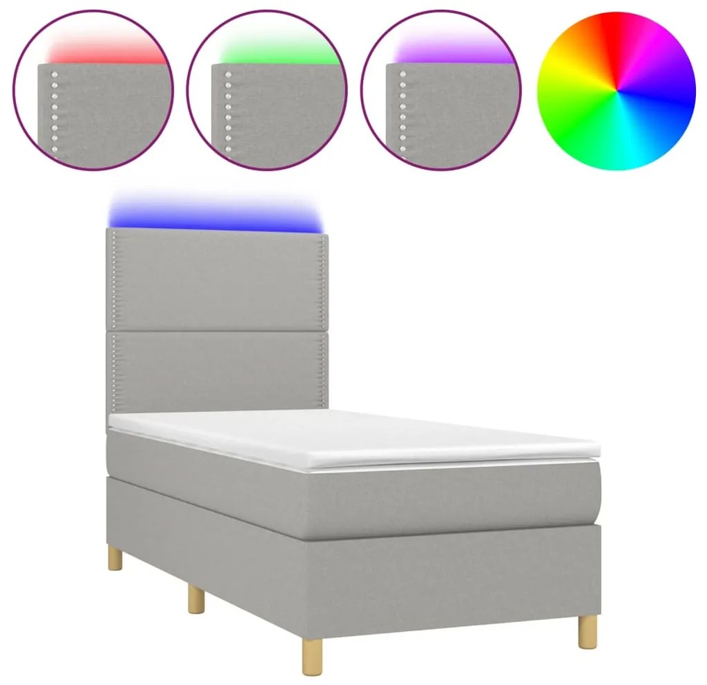 vidaXL Κρεβάτι Boxspring με Στρώμα & LED Αν.Γκρι 100x200εκ. Υφασμάτινο