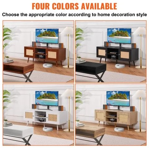 VEVOR Rattan TV Stand, Boho TV Cabinet for 55 inch TV, Mid Century Modern TV Stand, Rattan TV Console with Adjustable Shelfs for  Living Room, Media Room, White