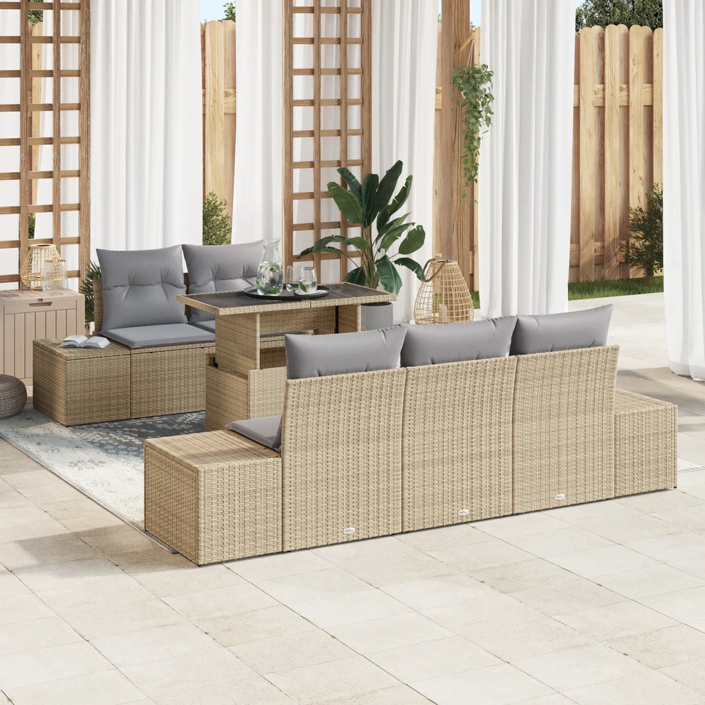 vidaXL Σετ κήπου 6 τεμαχίων με μαξιλάρια Μπεζ από Poly Rattan