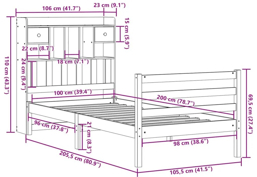 Κρεβάτι Βιβλιοθήκη Χωρίς Στρώμα 100x200 εκ Μασίφ Ξύλο Πεύκου - Καφέ