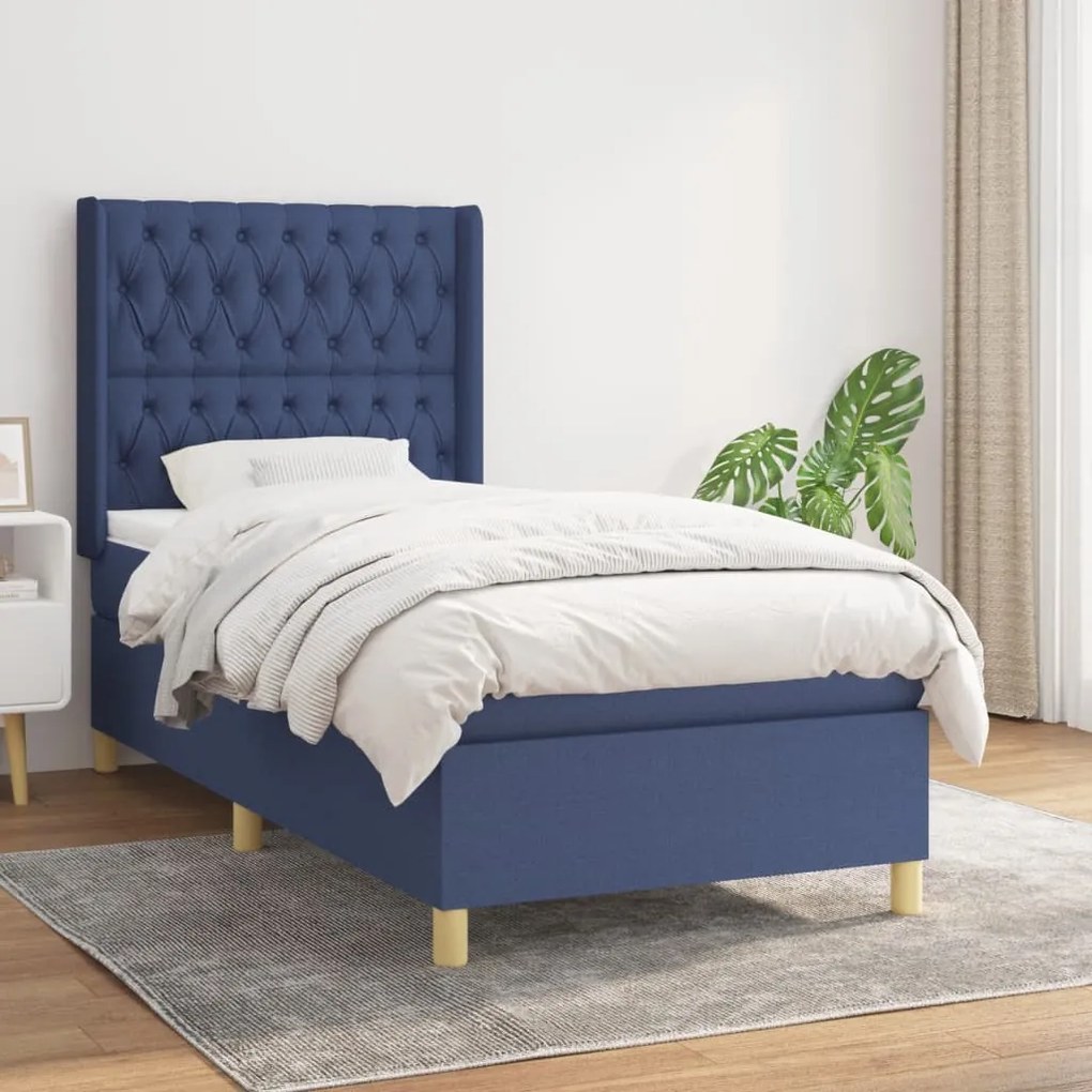 Κρεβάτι Boxspring με Στρώμα Μπλε 90x200 εκ.Υφασμάτινο