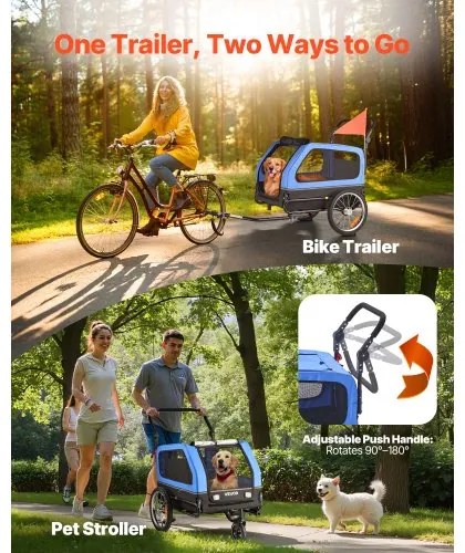 VEVOR Dog Bike Trailer, Supports up to 40 kg, 2-in-1 Pet Stroller Cart Bicycle Carrier for Small &amp; Large Dogs, Easy Folding Frame with Quick Release Wheel, Universal Bicycle Coupler, Internal Leash