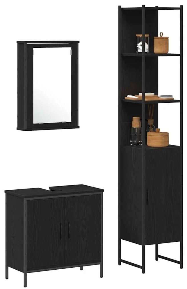 vidaXL Σετ Επίπλων Μπάνιου με ράφι 3 pcs Μαύρο 33 x 33 x 185.5 εκ