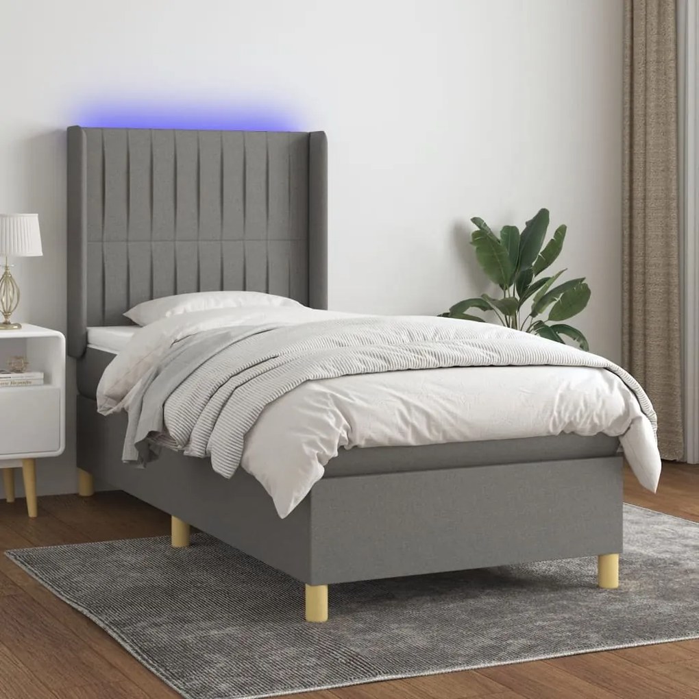 vidaXL Κρεβάτι Boxspring με Στρώμα & LED Σκ.Γκρι 90x200 εκ. Υφασμάτινο