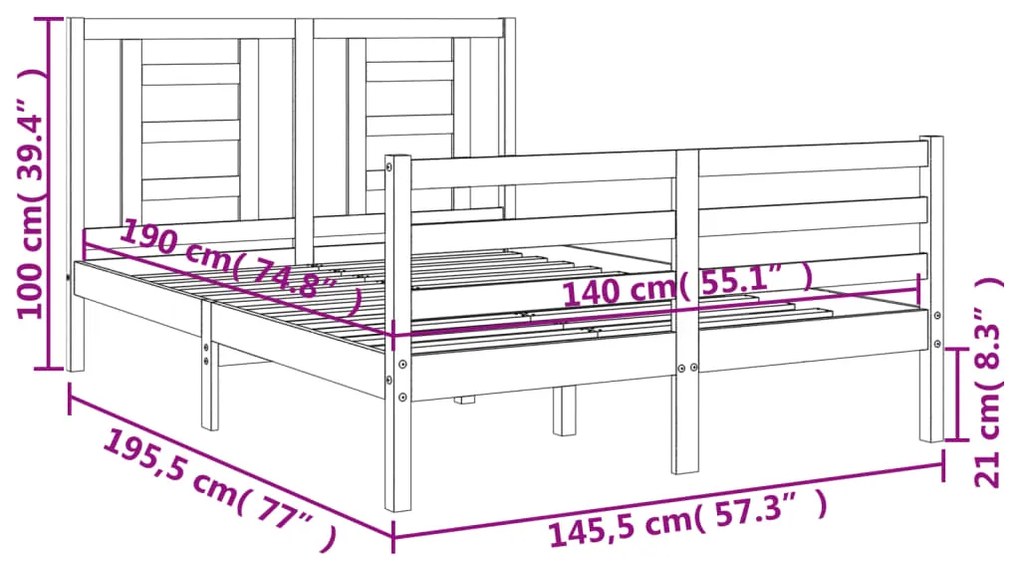 Πλαίσιο Κρεβατιού με Κεφαλάρι Γκρι 140 x 190 εκ. από Μασίφ Ξύλο - Γκρι