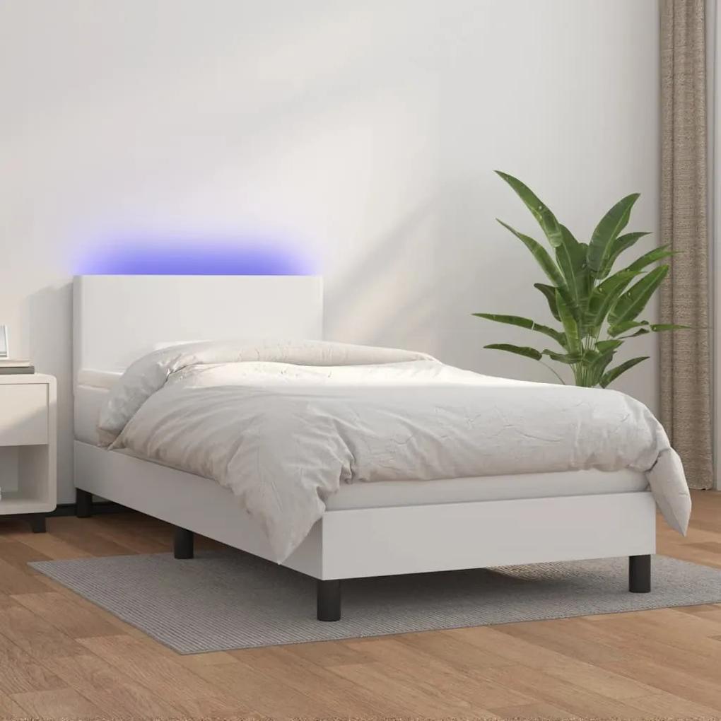 Κρεβάτι Boxspring με Στρώμα &amp; LED Λευκό 80x200 εκ. Συνθ. Δέρμα