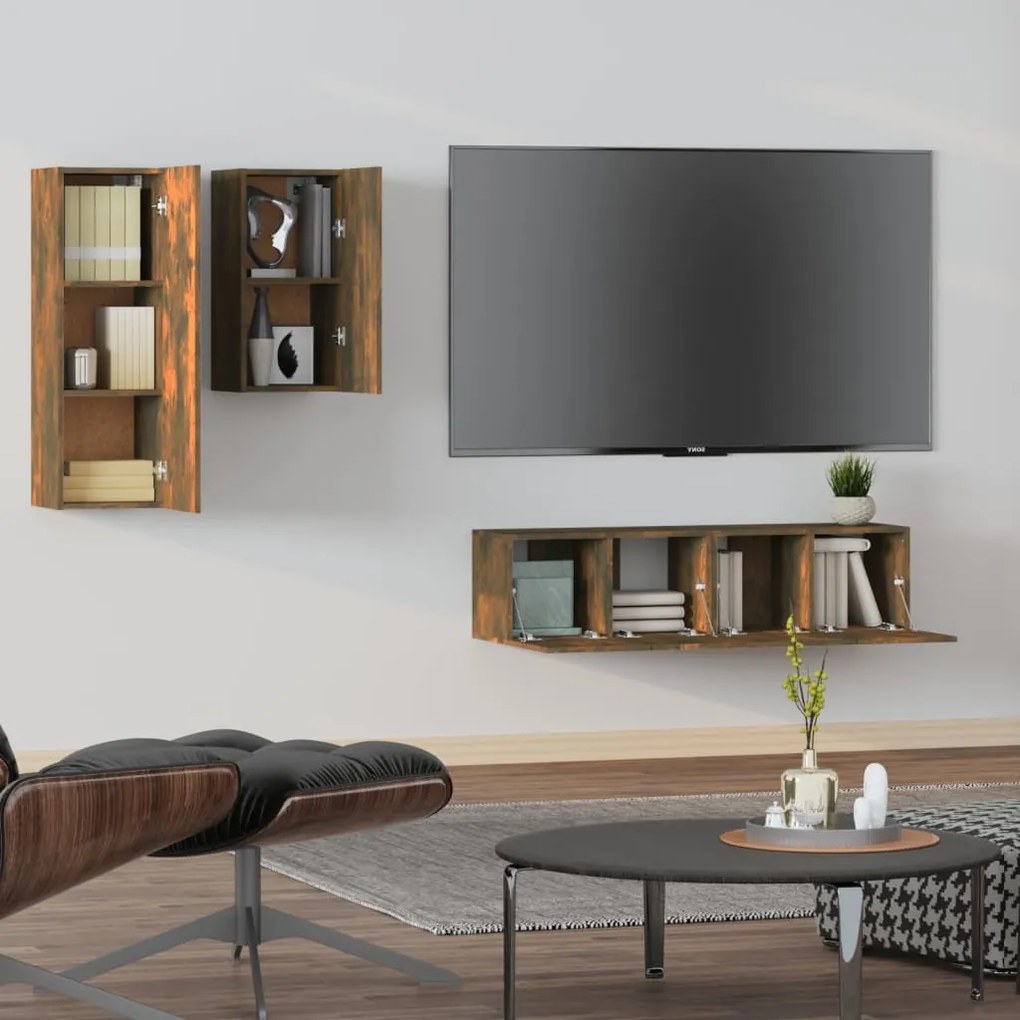 vidaXL Σετ Επίπλων Τηλεόρασης 4 Τεμαχίων Καπνιστή δρυς Επεξ. Ξύλο