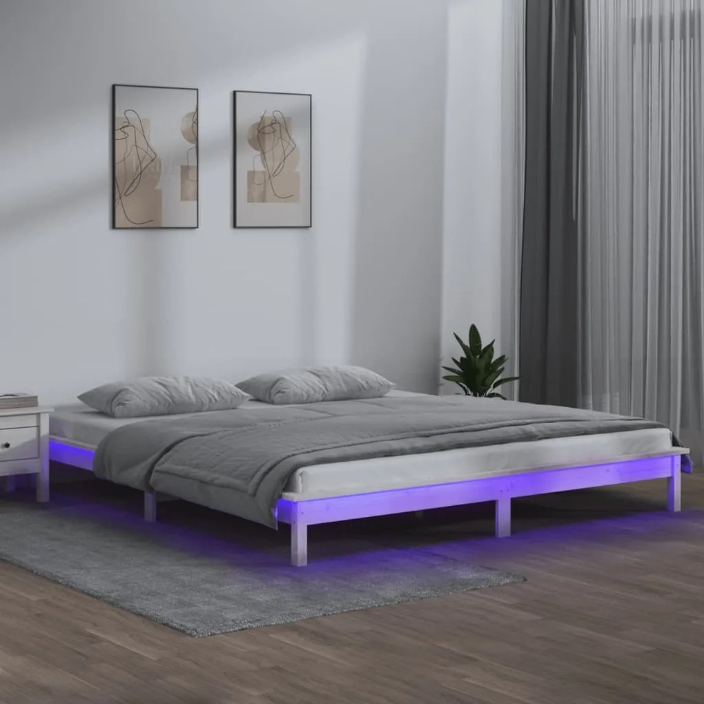 vidaXL Πλαίσιο Κρεβατιού με LED Λευκό 140 x 200 εκ. από Μασίφ Ξύλο