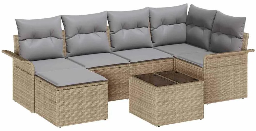 vidaXL Σετ Καναπέ Κήπου με μαξιλάρι 7 pcs Μπεζ Πολυ ράταν
