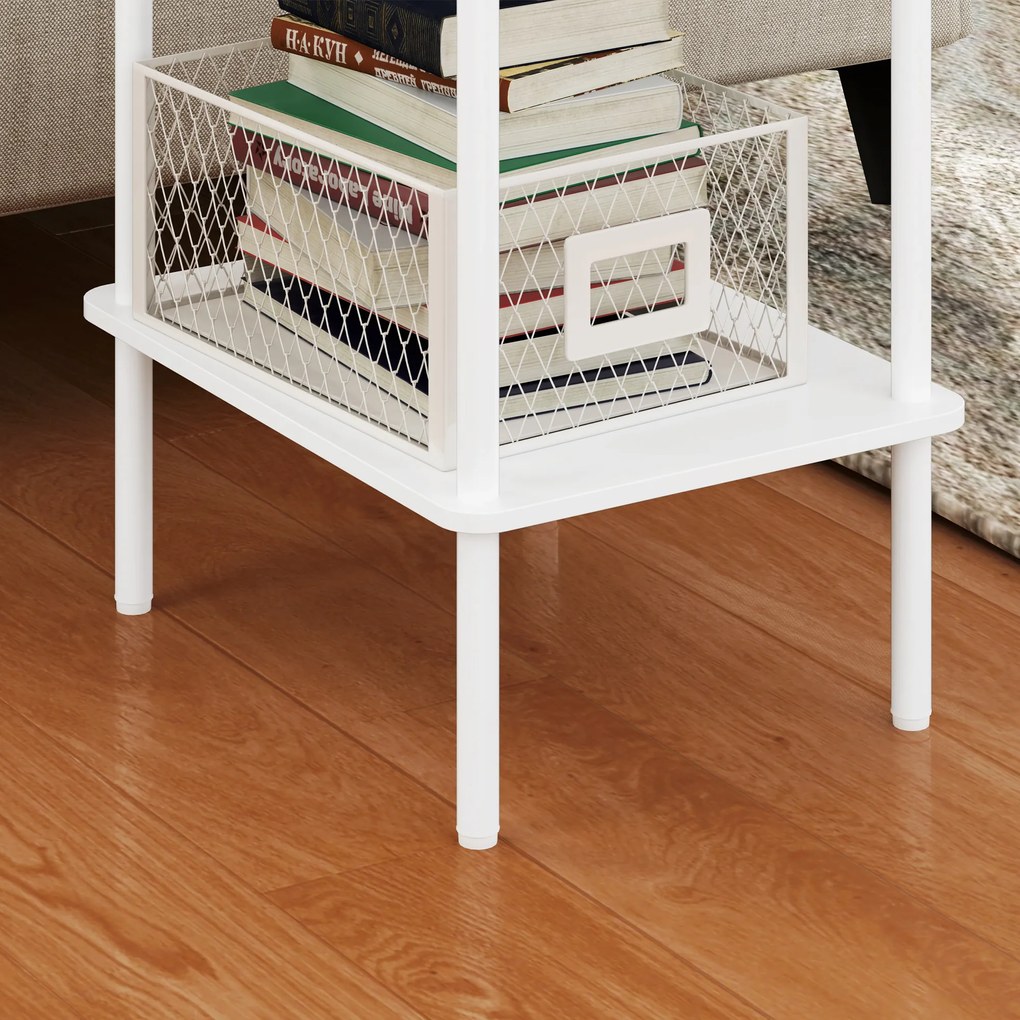 HOMCOM Μοντέρνο 2-επίπεδο βοηθητικό τραπέζι με χώρο αποθήκευσης και μεταλλικό σκελετό για σαλόνι, υπνοδωμάτιο, λευκό