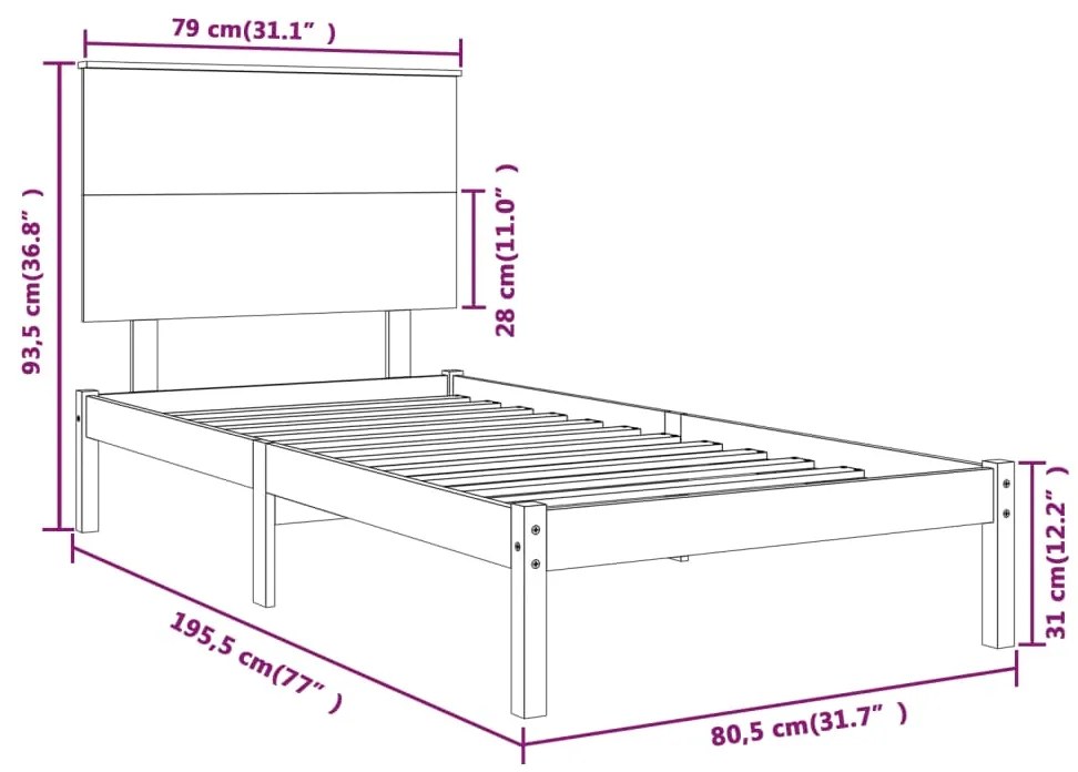 vidaXL Πλαίσιο Κρεβατιού 75 x 190 εκ. από Μασίφ Ξύλο Small Single