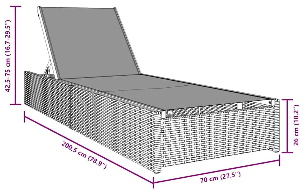 vidaXL Ξαπλώστρα Μαύρο 200.5 x 70 x 75 εκ συνθετικό ρατάν
