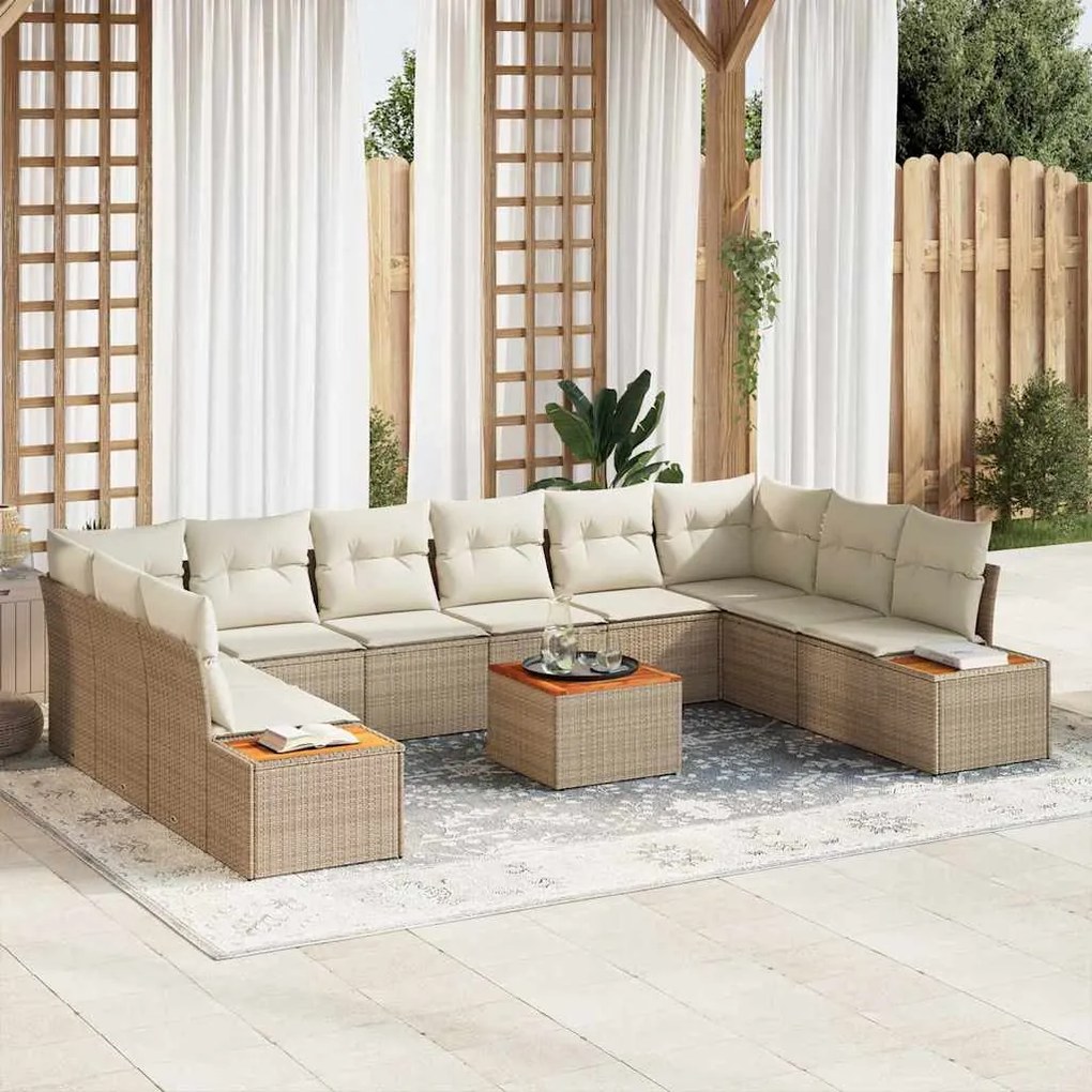 vidaXL Σετ Καναπέ Κήπου με μαξιλάρι 11 pcs Μπεζ Πολυ ράταν