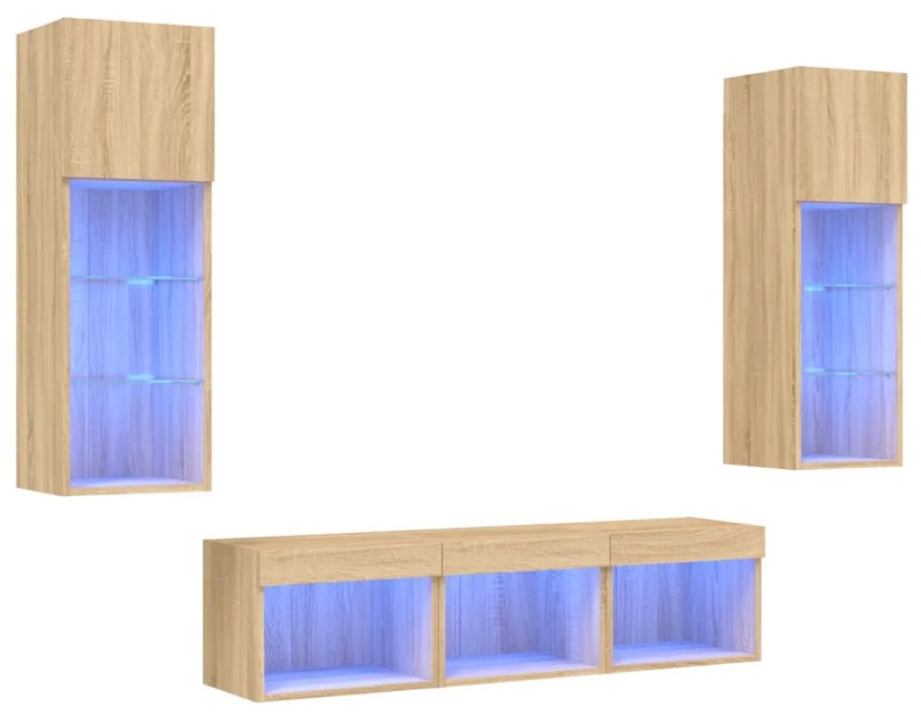 vidaXL Έπιπλα Τοίχου Τηλεόρασης 5 τεμ. LED Sonoma Δρυς από Επεξ. Ξύλο