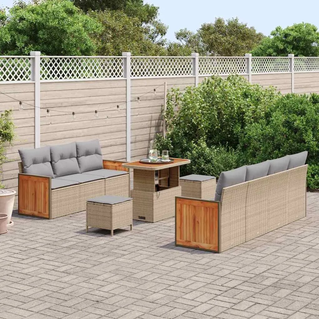 vidaXL Set Καναπέ Κήπου  10 Τεμαχίων με Μαξιλάρια σε Μπεζ Χρώμα, Πολυ Ράτταν