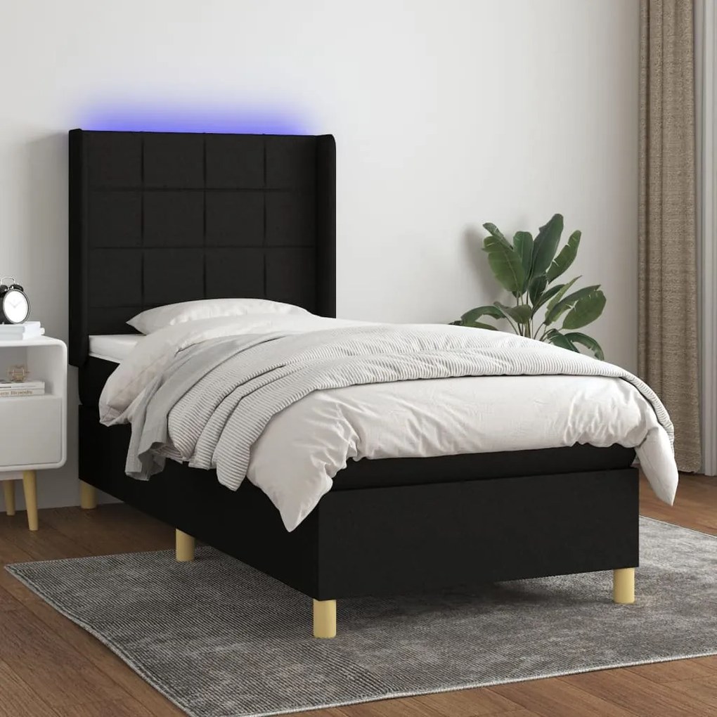 Κρεβάτι Boxspring με Στρώμα &amp; LED Μαύρο 90x190 εκ. Υφασμάτινο - Μαύρο