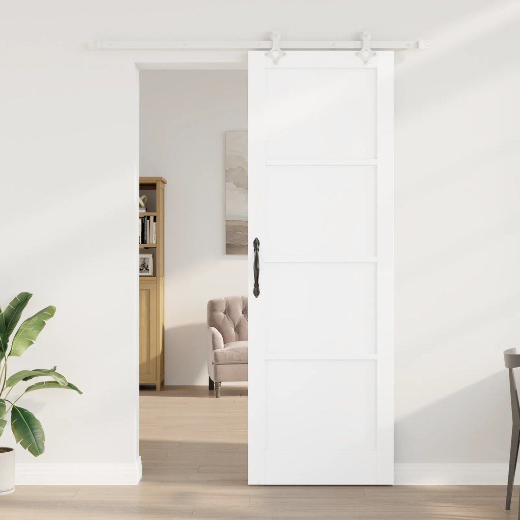 vidaXL Συρόμενη Πόρτα με Σετ Εξαρτημάτων Λευκή 78x232 εκ. Συμπαγές Ξύλο Πεύκου
