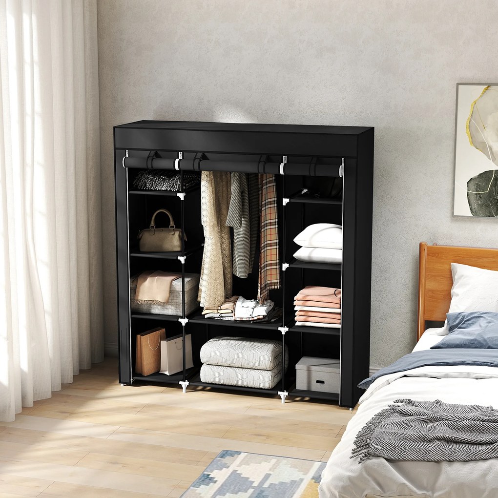 HOMCOM Υφασμάτινη ντουλάπα από μη υφαντό ύφασμα, πτυσσόμενη ντουλάπα, 1 ράβδος ρούχων, 9 ράφια, 150 cm x 43 cm x 162,5 cm, Μαύρο