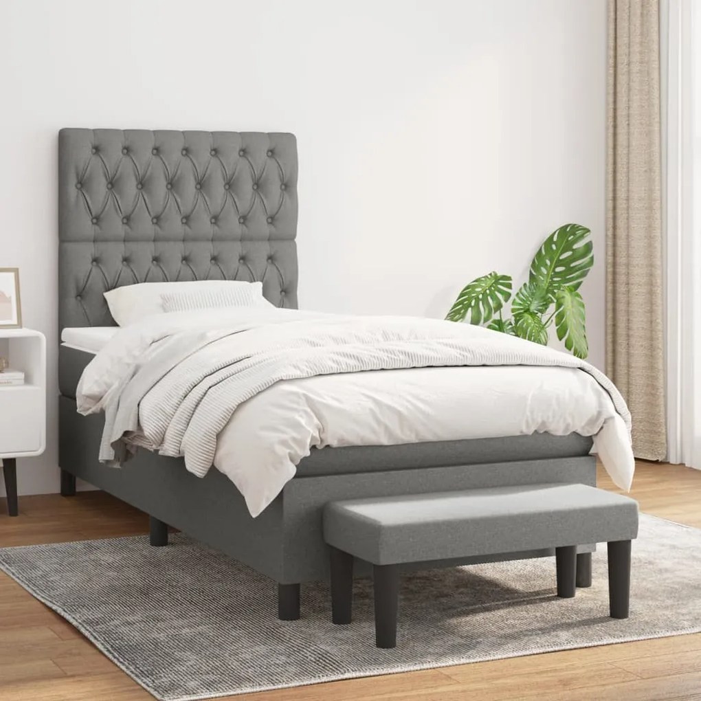 vidaXL Κρεβάτι Boxspring με Στρώμα Σκούρο Γκρι 90x200 εκ. Υφασμάτινο