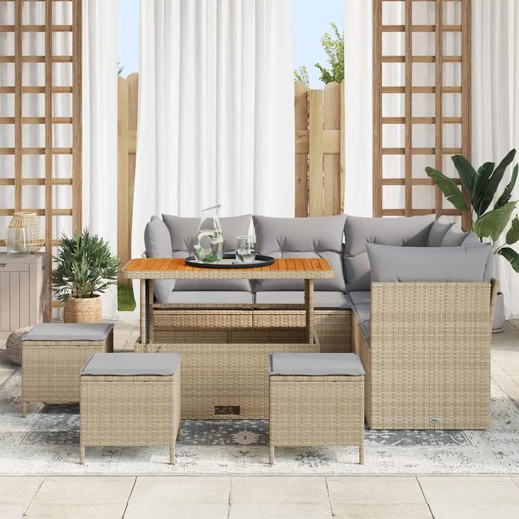 vidaXL Σετ Καναπέ Κήπου Ρυθμιζόμενο ύψος 9 pcs Μπεζ συνθετικό ρατάν