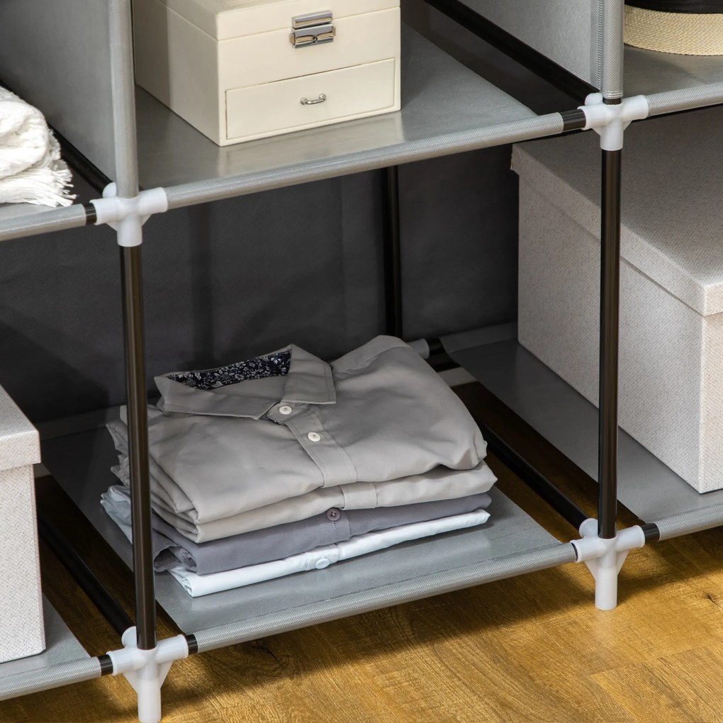 Ντουλάπα από ύφασμα HOMCOM, λύση αποθήκευσης, 8 ράφια, 2 ράβδοι ρούχων, σκούρο γκρι