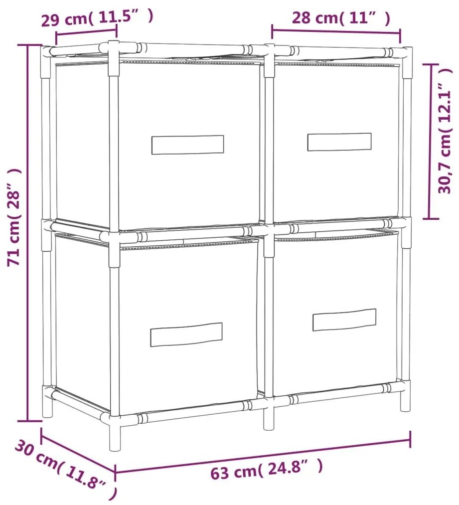 Ντουλάπι με 4 Υφασμάτινα Καλάθια Κρεμ 63x30x71 εκ. από Ατσάλι - Κρεμ