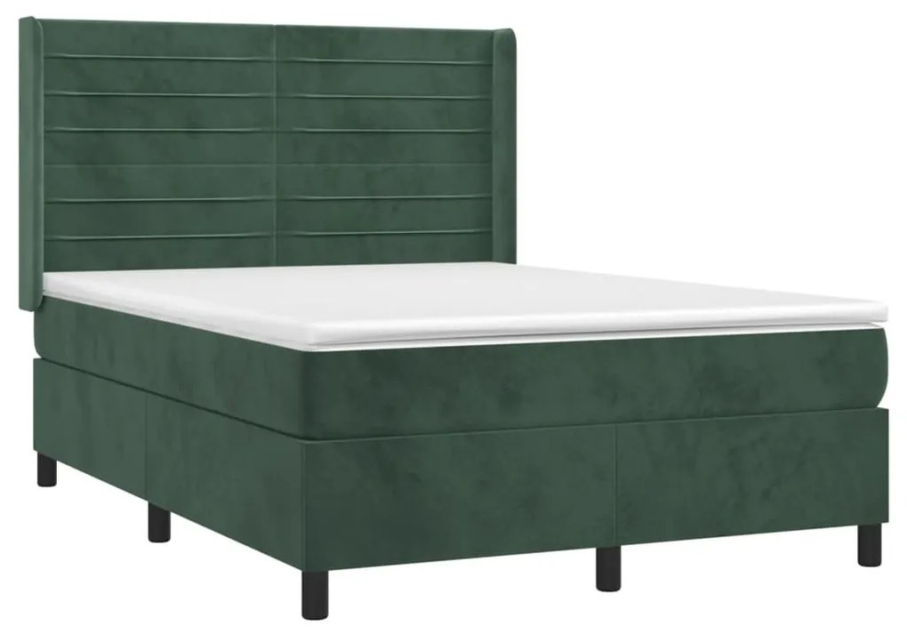 vidaXL Κρεβάτι Boxspring με Στρώμα Σκούρο Πράσινο 140x190εκ. Βελούδινο