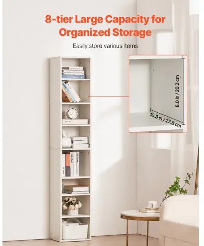 VEVOR 8 Tiers Narrow Bookshelf 71&quot; Wooden Open Bookcase Adjustable Shelf White