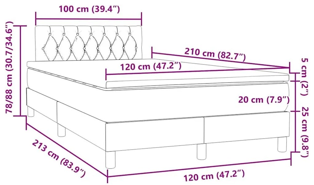 Κρεβάτι Boxspring με Στρώμα Ανοιχτό Γκρι 120x210 εκ. Βελούδινο - Γκρι