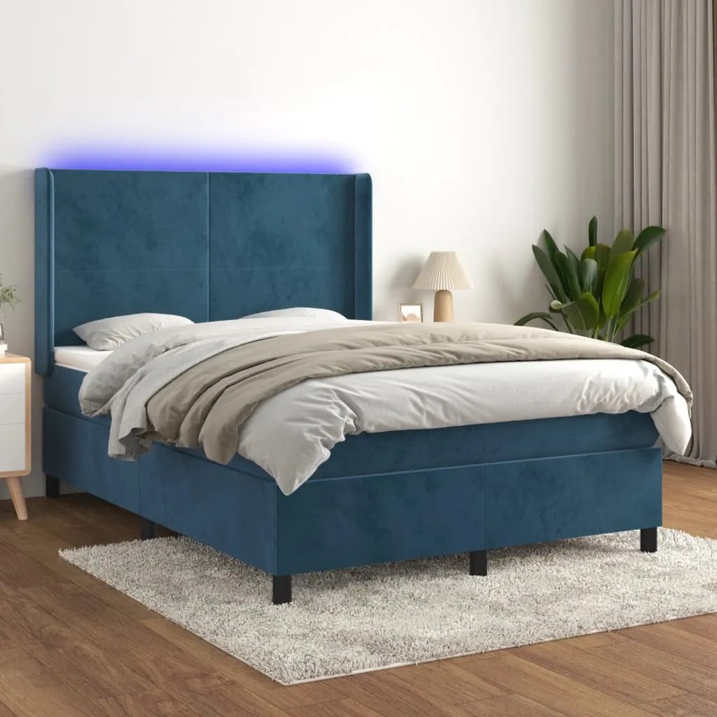 Κρεβάτι Boxspring με Στρώμα &amp; LED Σκ. Μπλε 140x190εκ. Βελούδινο - Μπλε