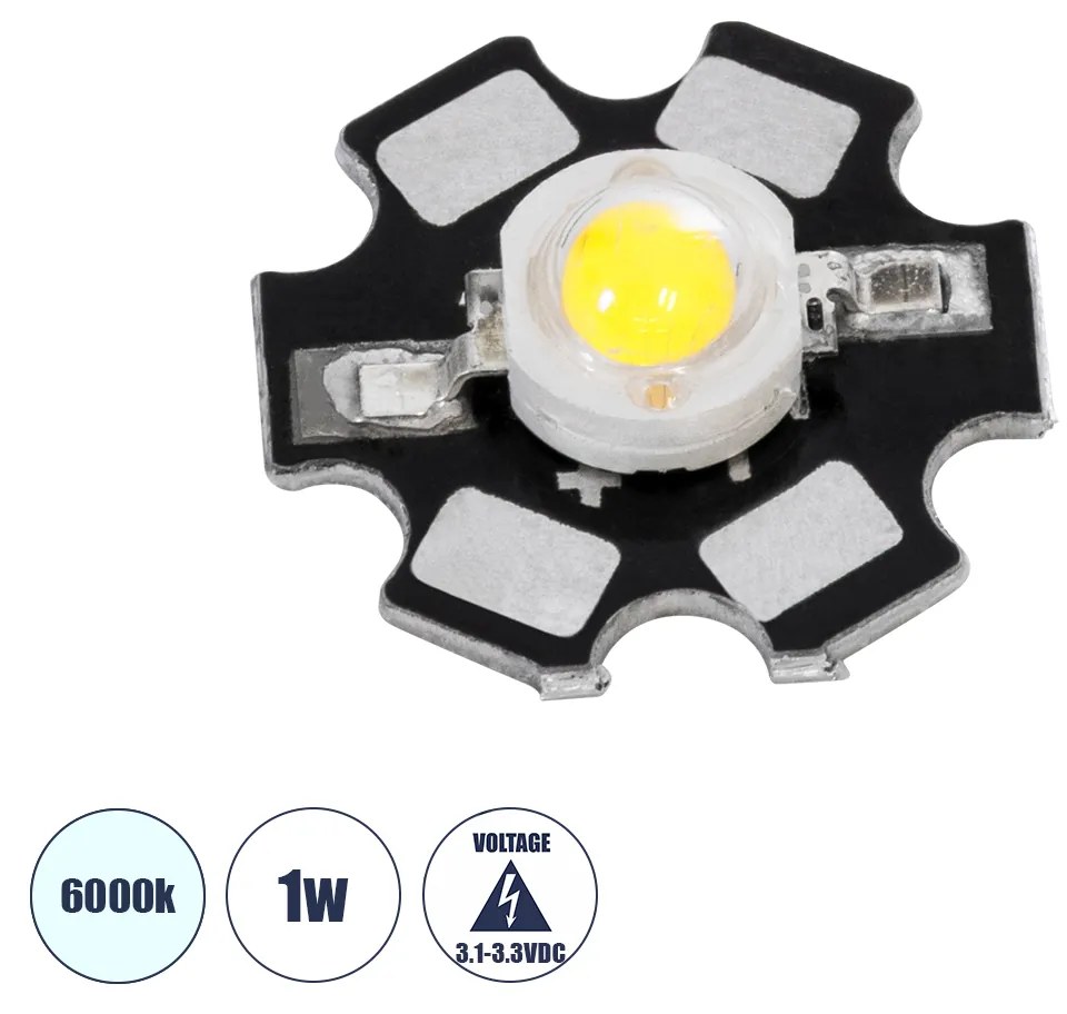 GloboStar® 73740 High Power Star LED - Υψηλής Ισχύος Star LED 1W DC 3.2V Ψυχρό Λευκό 6000K Φ2 x Υ0.6cm - 2 Χρόνια Εγγύηση