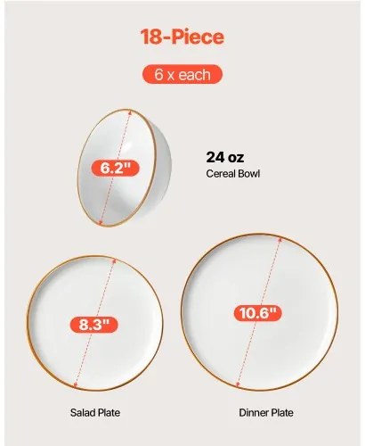 VEVOR 18 PCS Dinnerware Set Ceramic Plates and Bowls Sets Service for 6 White