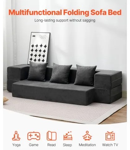 VEVOR Folding Sofa Bed 3-in-1 Foldable Couch Bed with 3 Pillows Dark Grey Twin