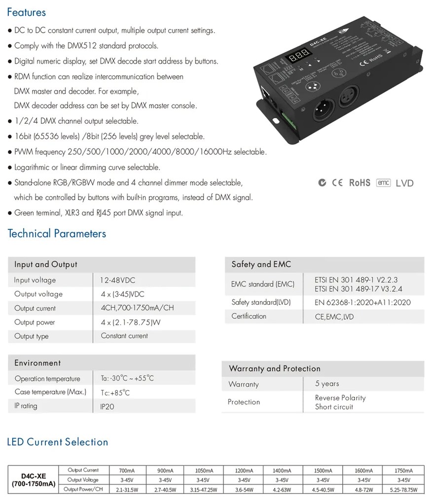 GloboStar® 73147 D4C-XE SKYDANCE DC DMX512 Constant Current &amp; RDM Decoder 4 Καναλιών DC 12-48V 4 x 1.75A 315W - Max 7A 315W - IP20 Π16.5 x Π7 x Υ3.7cm - 5 Χρόνια Εγγύηση