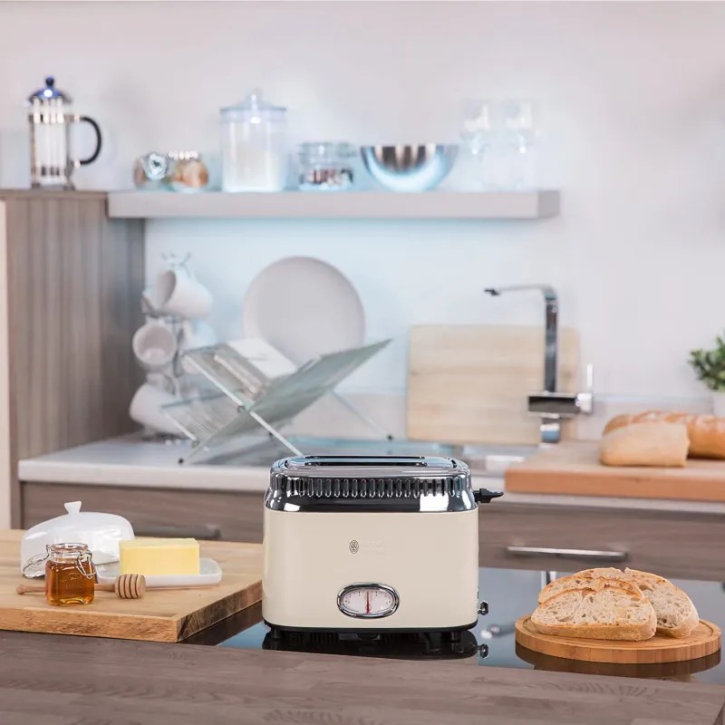 Russell Hobbs Retro Vintage Κρέμα Τοστιέρα 21682-56, 1300W, 2 φέτες, 6 επίπεδα, Κλίμακα ένδειξης ρετρό, Lift & Look, Γρήγορη φρυγανιά, Κρέμα/Inox