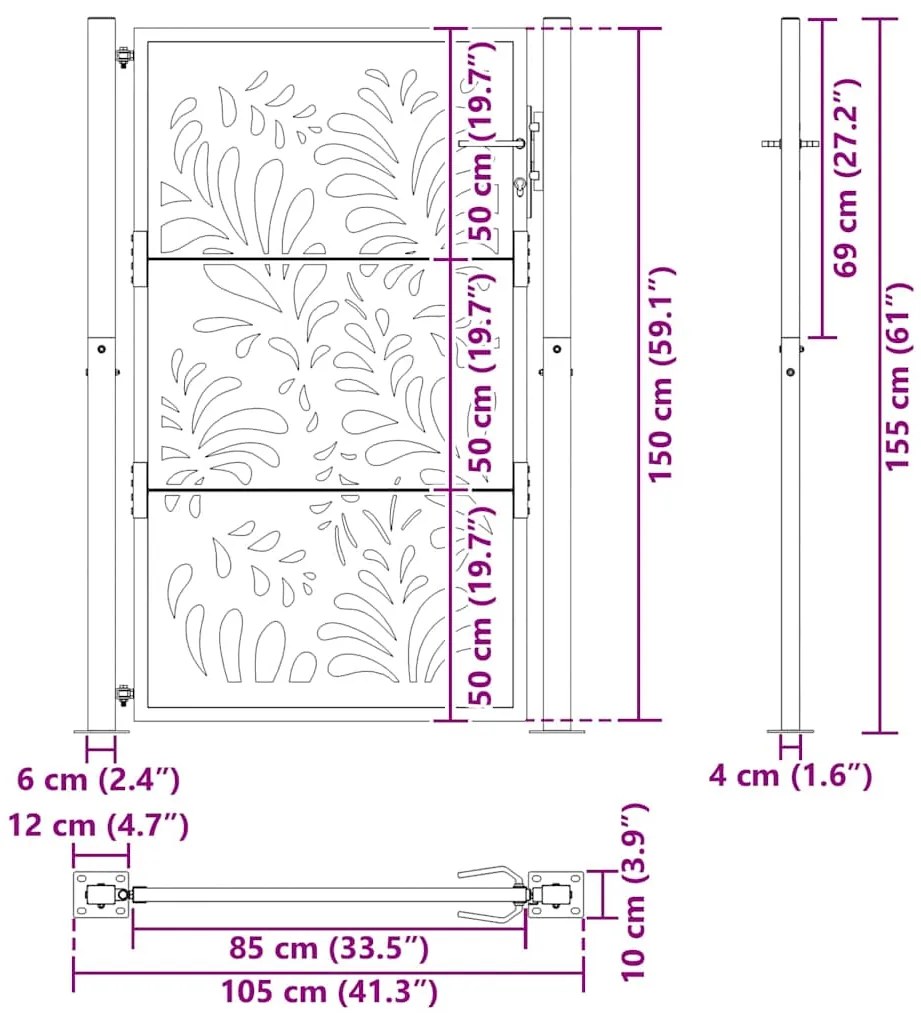 Πύλη κήπου Μαύρη 105x155 cm Ατσάλινο σχέδιο κύματος - Μαύρο