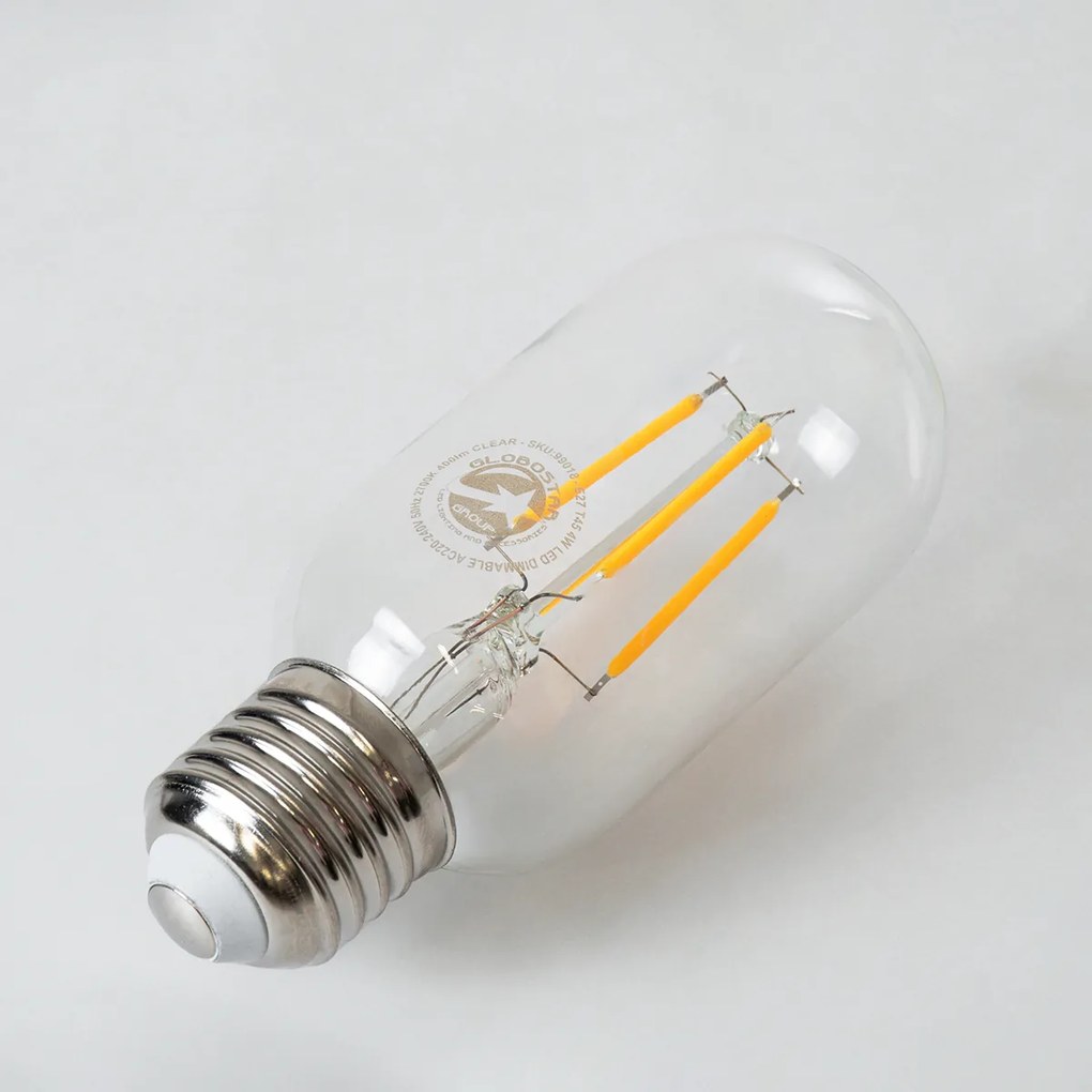 GloboStar 99018 Λάμπα LED Long Filament E27 T45 Σωλήνας 4W 400lm 360° AC 220-240V IP20 Φ4.5 x Υ11cm Θερμό Λευκό 2700K με Διάφανο Γυαλί - Dimmable - 3 Years Warranty - 99018