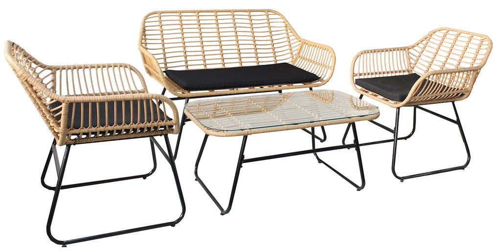 Σετ Σαλόνι Κήπου ArteLibre ACILIUS Φυσικό/Μαύρο Μέταλλο/Rattan 2θ. Καναπές+2 Πολυθρόνες+Τραπεζάκι-14510023