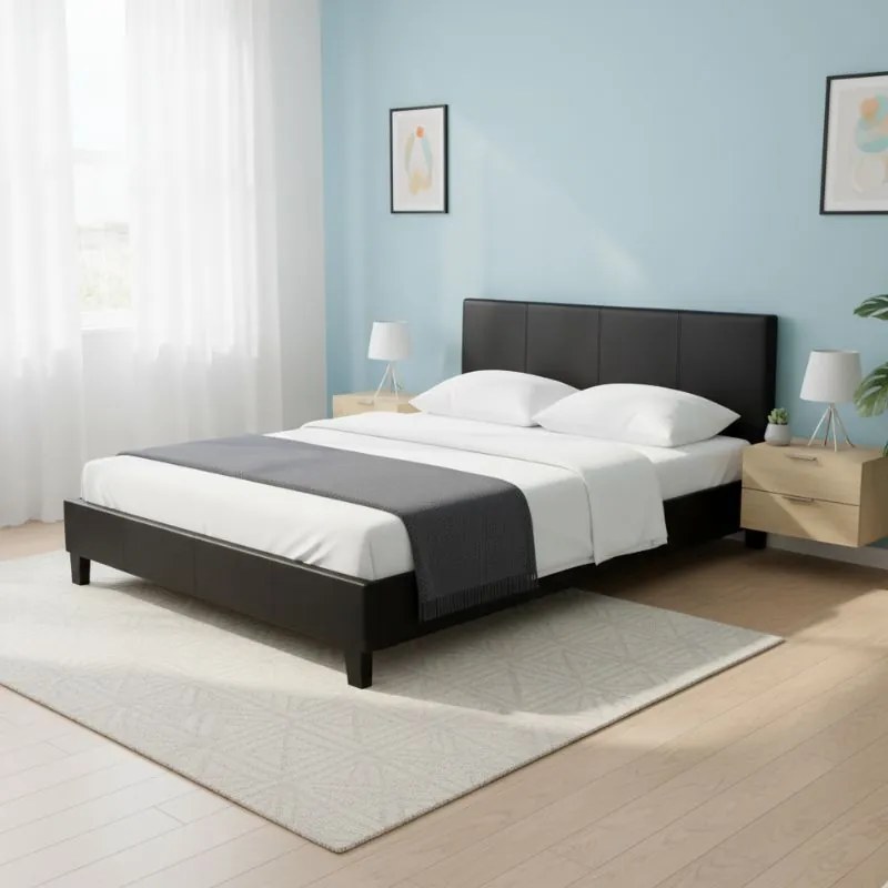 Κρεβάτι Flat Megapap από τεχνόδερμα χρώμα μαύρο ματ 140x190εκ.