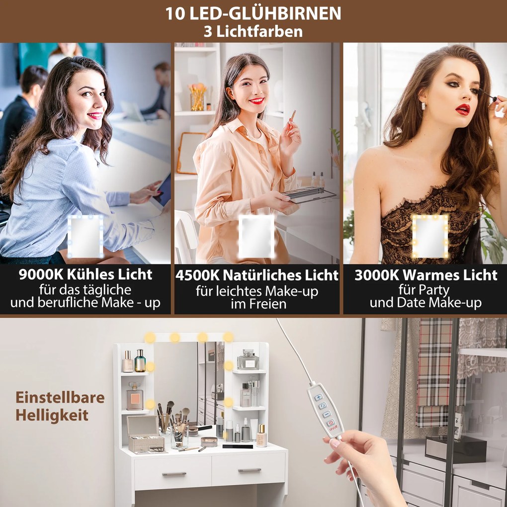 Σπιράλ τραπέζι μακιγιάζ HOMCOM με καθρέφτη και ρυθμιζόμενα φώτα LED, συρτάρια, ράφια, Λευκό