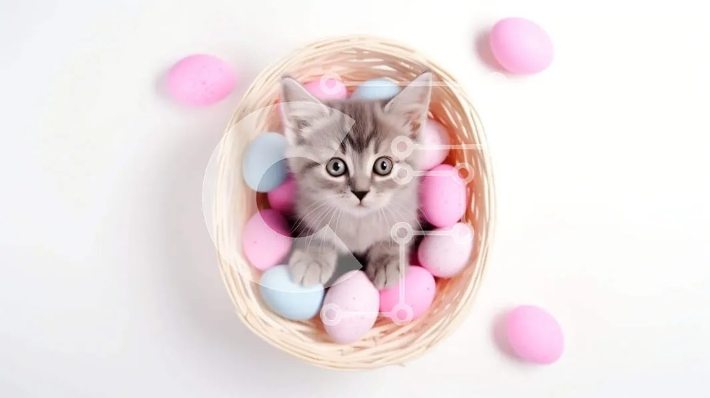 Intra Συλλεκτικό Ξύλινο Παζλ Plywood 4mm - Γκρι γατάκι στο πασχαλινό καλάθι με ροζ και μπλε αυγά Σε Ξύλινο Κουτί - Διαστάσεις: 10x10 cm – 25 κομμάτια