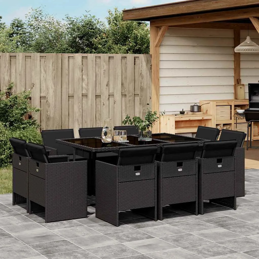 vidaXL Σετ Τραπεζαρίας Κήπου 11 τεμ Μαύρο από Συνθ. Ρατάν με Μαξιλάρια