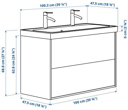 ANGSJON/BACKSJON βάση νιπτήρα με συρτάρια/νιπτήρα/μπαταρίες, 100x48x69 cm 095.213.12