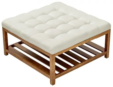 VEVOE Large Square Ottoman Coffee Table, 87.5 cm Tufted Coffee Table with Solid Wood Shelf Storage, Linen Solid Upholstered Footrest Ottoman for Bedroom Living Room, 400 LBS, Off-White