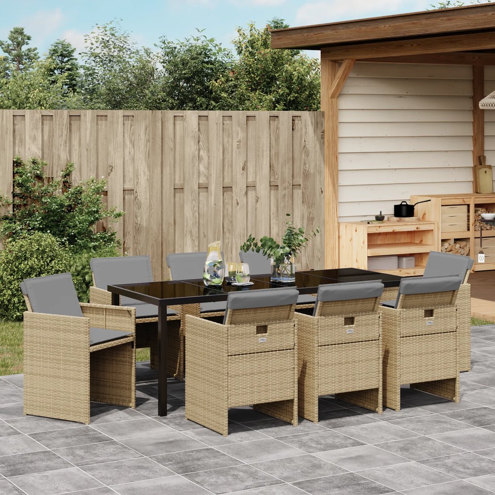 vidaXL 9 τεμάχια σετ κήπου με μαξιλάρια μπέζ από poly rattan