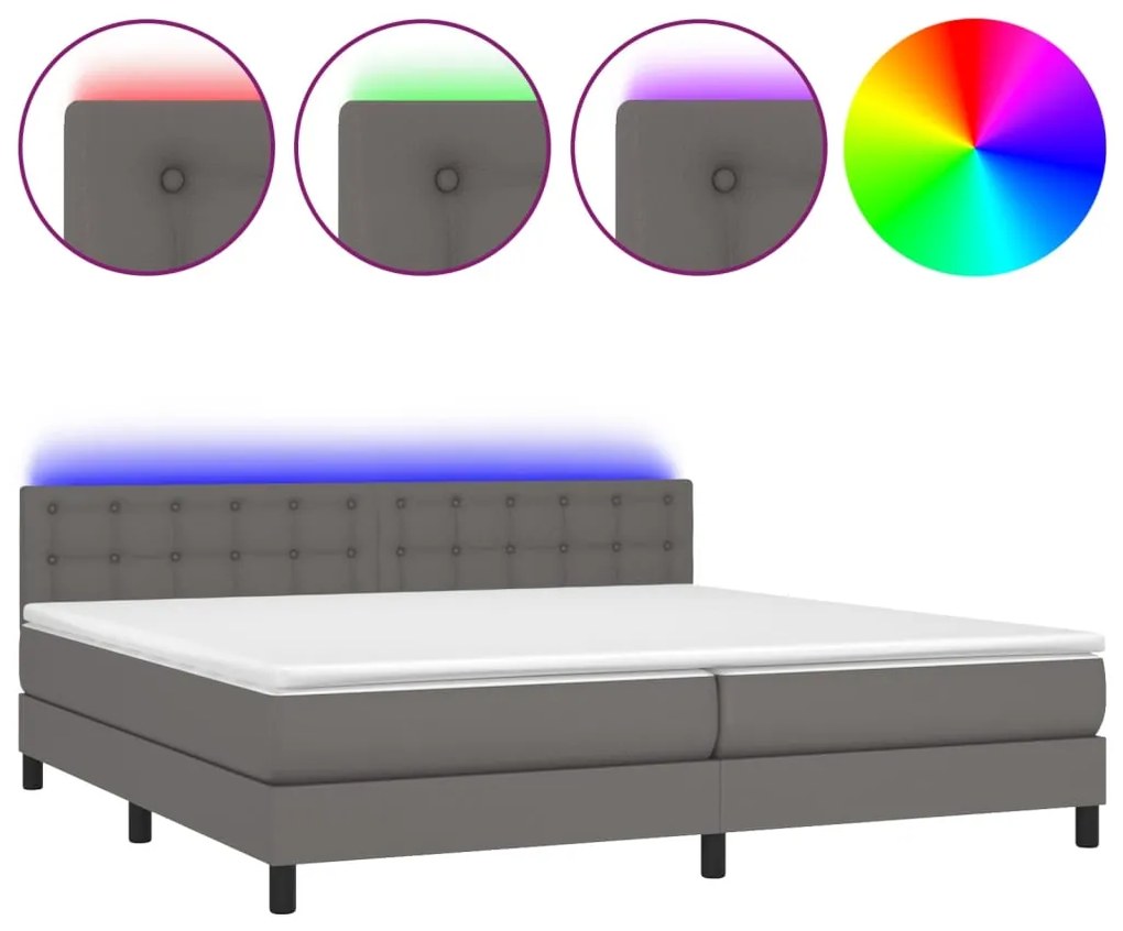 vidaXL Κρεβάτι Boxspring με Στρώμα & LED Γκρι 200x200 εκ. Συνθ. Δέρμα