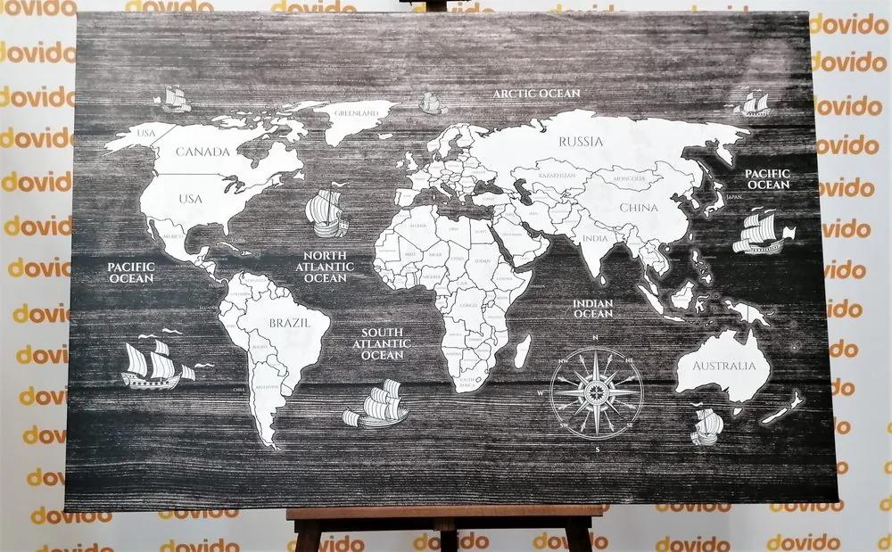 Εικόνα ασπρόμαυρο χάρτη σε ξύλο - 60x40