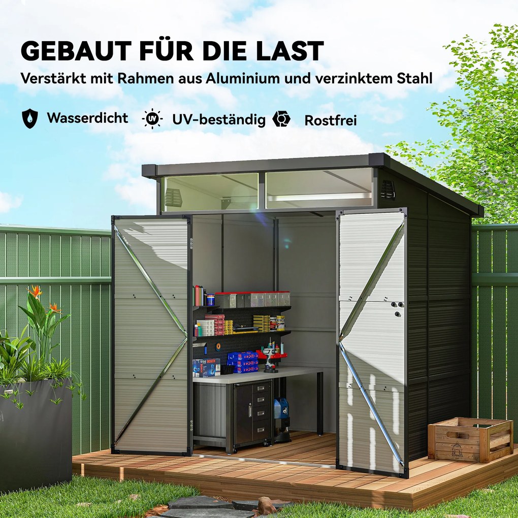 Outsunny Αποθήκη κήπου 1,9 x 1,9 m, αποθήκη εργαλείων από πλαστικό, κλειδώσιμες πόρτες, 2 αεραγωγοί, σκούρο γκρι