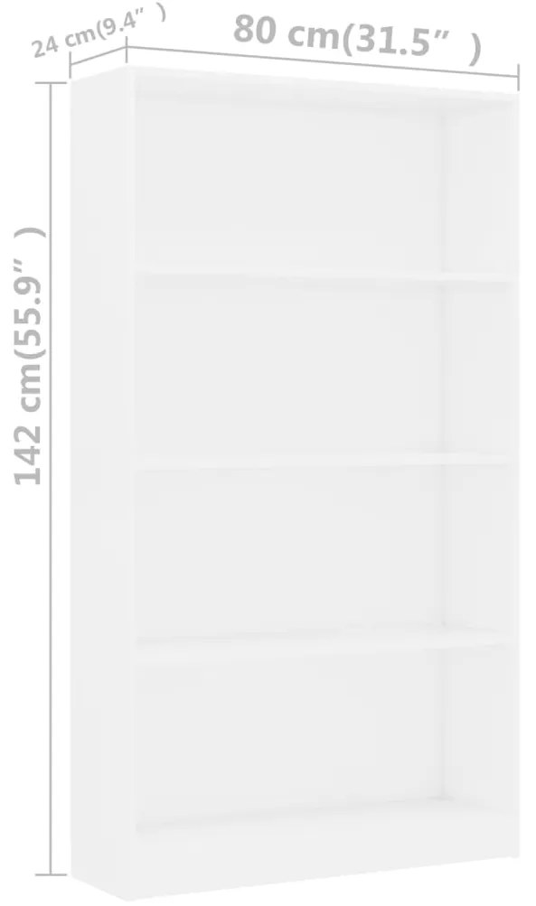 vidaXL Βιβλιοθήκη με 4 Ράφια Λευκή 80 x 24 x 142 εκ. από Επεξ. Ξύλο