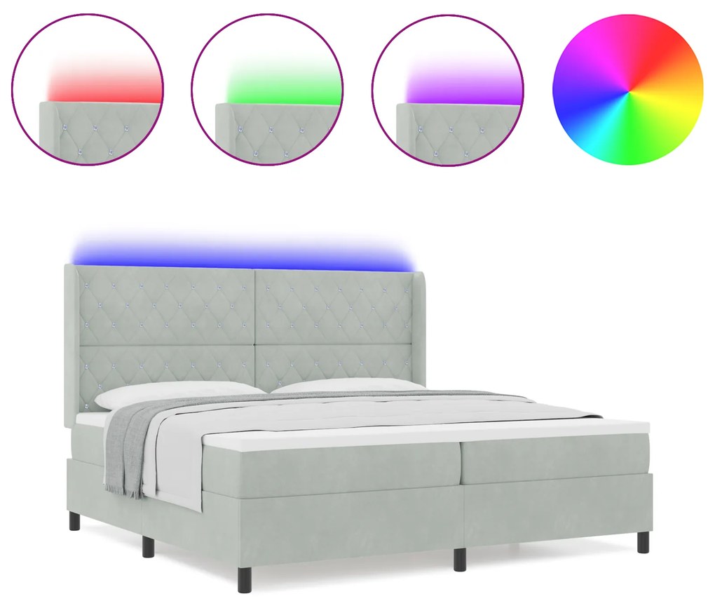 vidaXL Κρεβάτι Box Spring με Στρώμα & LED Φως Γκρι 200x200 εκ Βελούδο